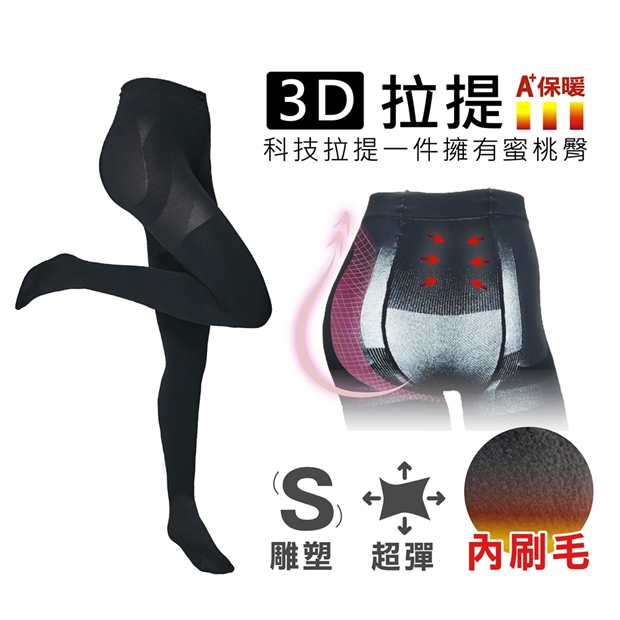 3D 拉提雕塑內搭褲襪示意，內刷毛保暖、腿型修飾與機能圖解