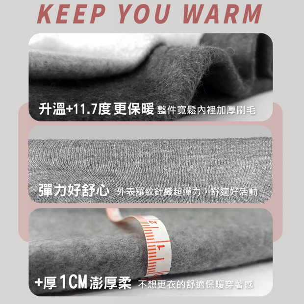 保暖刷毛布料特性說明圖，包含升溫數據與布料厚度/彈性示意（KEEP YOU WARM）