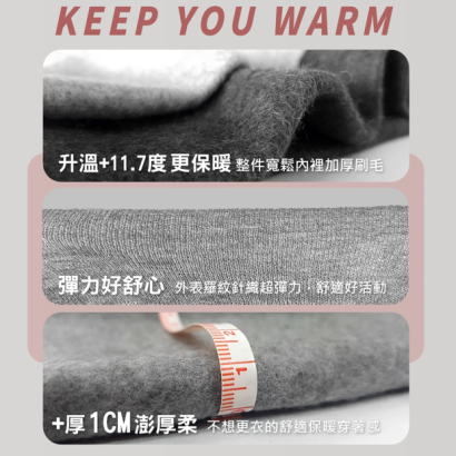 刷毛布料厚度與保暖力示意，保暖升溫與舒適親膚特色說明